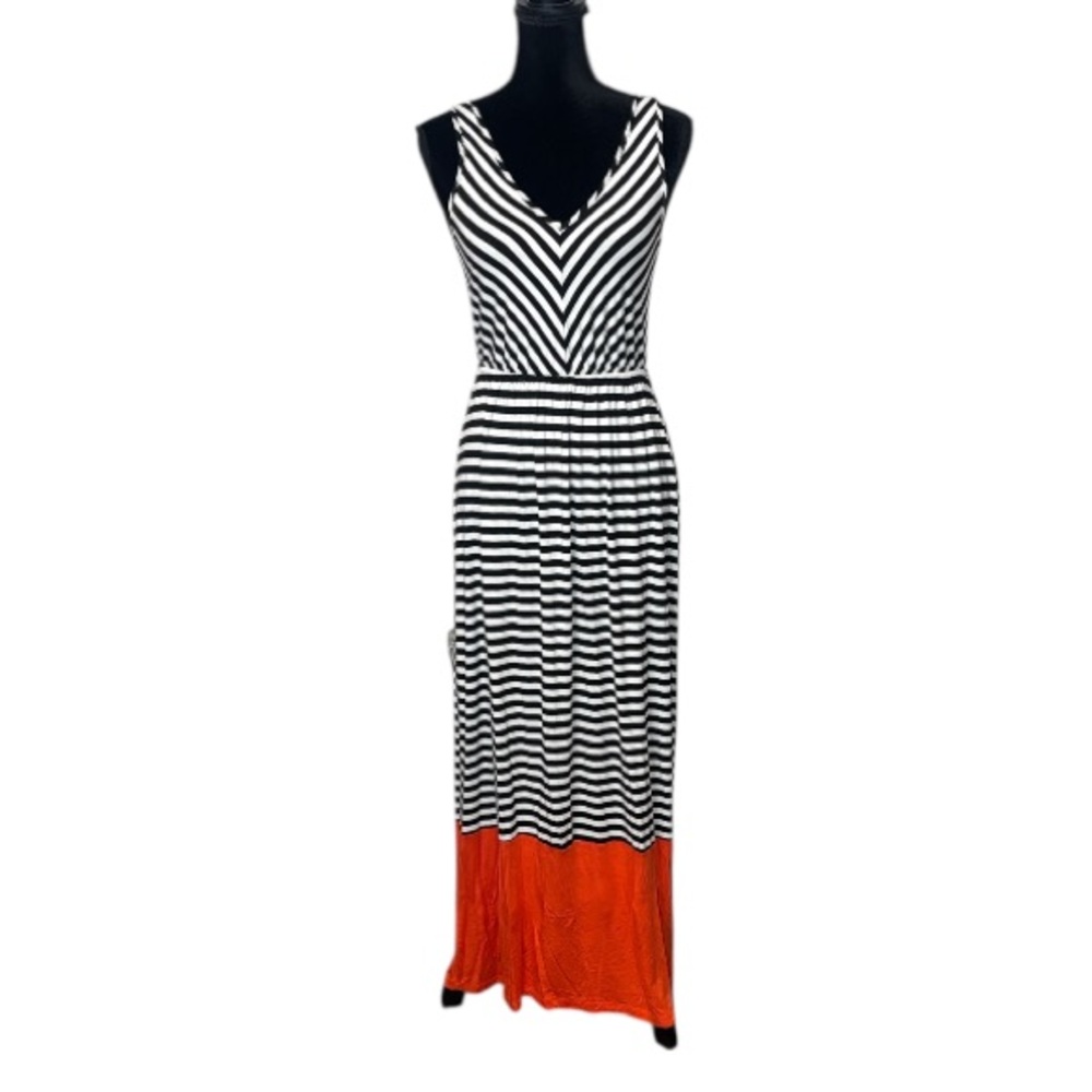 Soprano - Black and White Striped Maxi Dress with Orange Accent - Size Medium